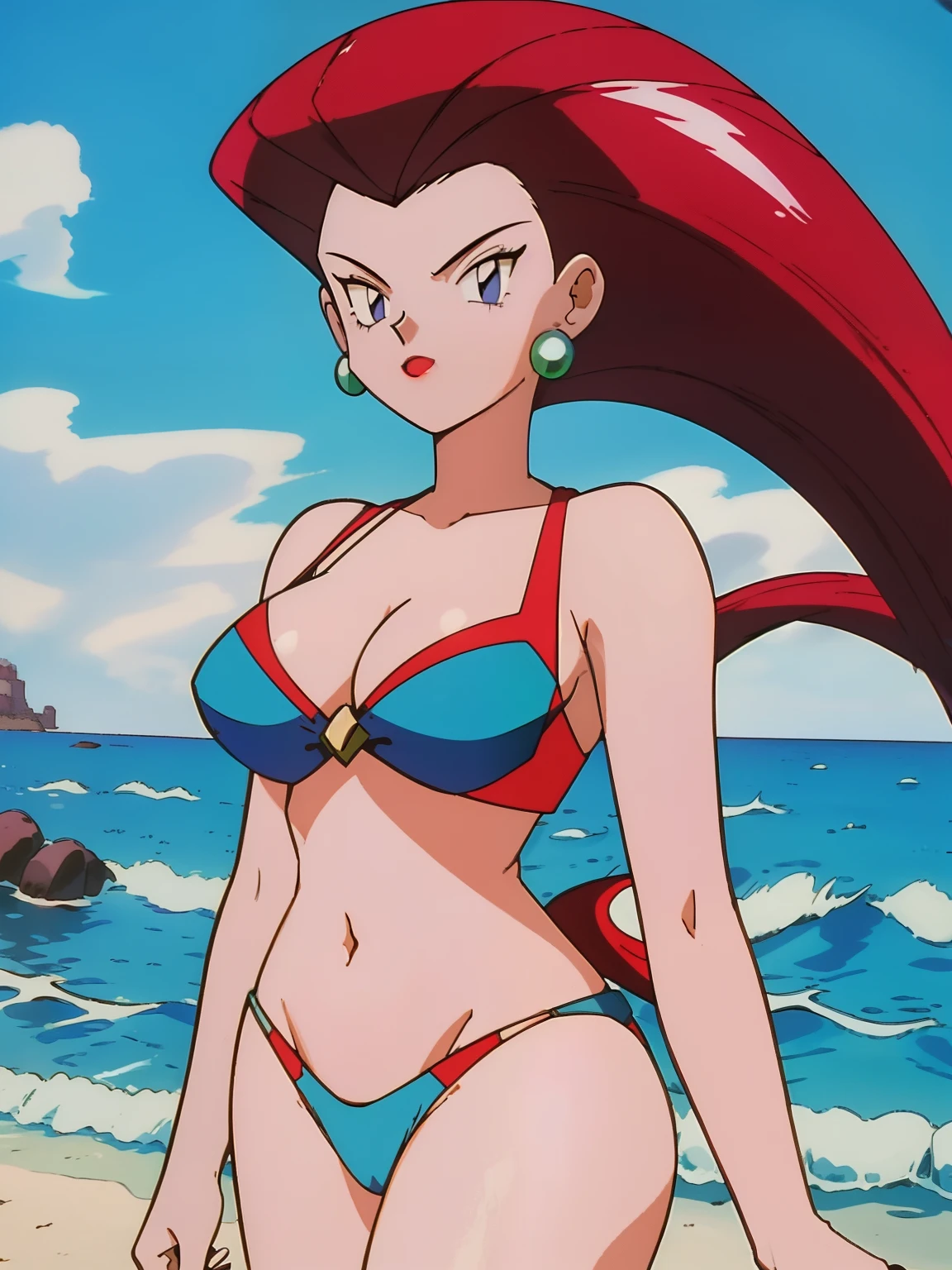 ),(masterpiece:1.0), (ultra detailed:1.2),(intricate, beautiful detailed) ,1990s,anime cel style, 1 girl, Jessie Pokemon,white bikini, hair slicked back, long hair,red hair,detailed lapis lazuli eyes,curvy, waist, beach,Big Breasts、Broad shoulders、Hourglass-shaped body shape、25age, belly button、lipstick,