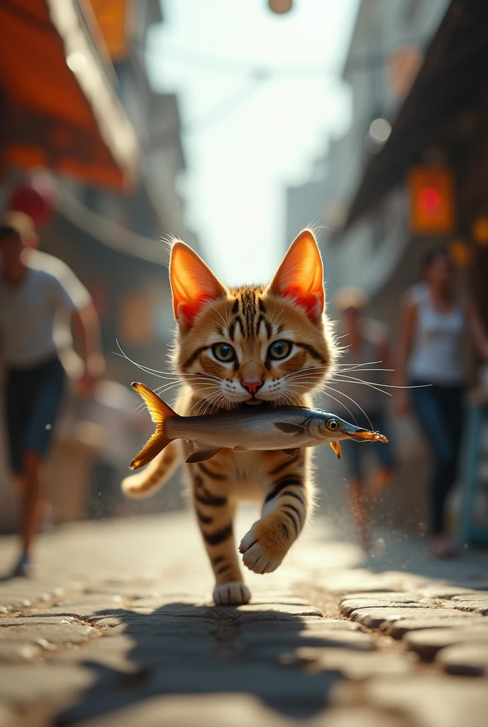 realistic style, photo, photorealistic, high detail, (sharp), (photorealism:1.2), (photo:1.2) of a mischievous spotted cat is running away after stealing a fish from a busy fish market. The cat has a fish in its mouth and is darting through the streets, motion trails and wind effect. Behind it, a furious fishmonger is chasing the cat, yelling in frustration. The scene is lively, with the fishmonger’s apron flapping and the cat’s fur slightly ruffled as it escapes. [Un gatto a macchie birichino sta scappando dopo aver rubato un pesce in una pescheria affollata. Il gatto ha un pesce in bocca e sta sfrecciando per le strade. Si vede la scia lasciata dalla velocità del gatto in fuga. Dietro di lui, un pescivendolo furioso lo insegue, urlando con frustrazione. La scena è vivace, con il grembiule del pescivendolo che svolazza e il pelo del gatto leggermente arruffato mentre fugge.] immagine dinamica con inquadratura dal basso e inclinata, per dare un forte senso di dinamicità alla foto. Il gatto trascina il pesce tenendo la coda del pesce in bocca.
