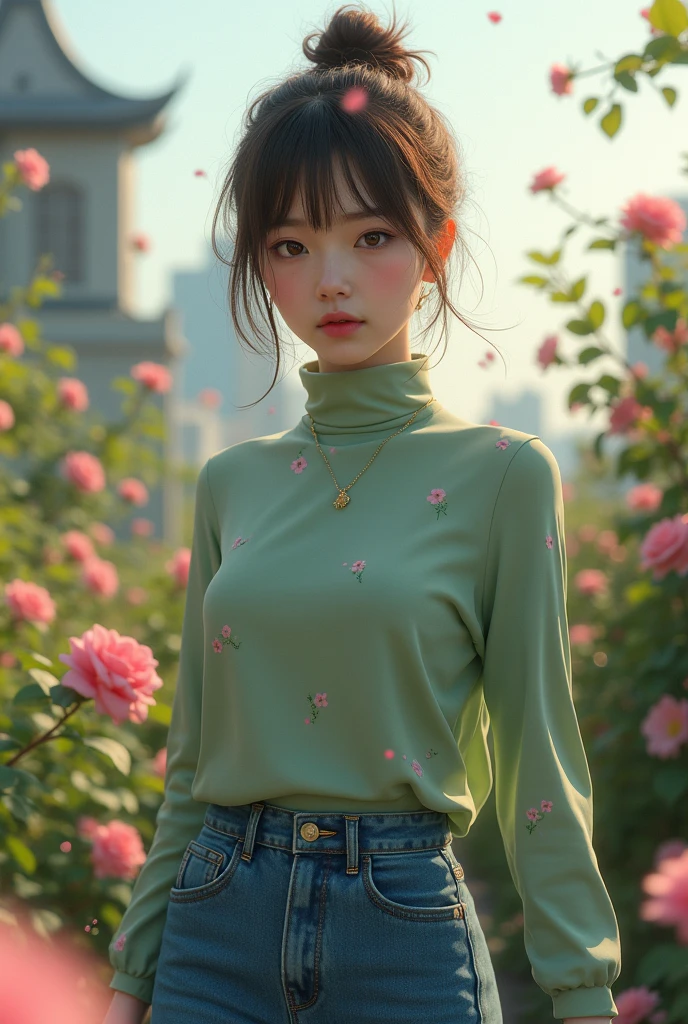 realistic skin ,close up of a beautiful japanese woman medium body size with messy bun highlighted brown hair, turtle neck light green with floral print fabric top and blue jeans skirt , ((walking and sulky face)) , in a rooftop garden, pink roses vines, particles and nice lighting, UHD, HDR, 8k, Masterpiece, realistic, hyper realistic. walking pose