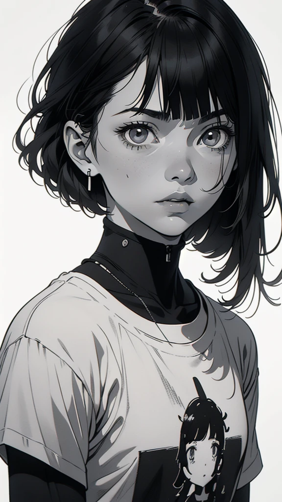 1 boyish girl, solo, sharp eyes, monochrome, greyscale, short black hair, portrait, white T-shirt, closed mouth, looking at viewer, graphite \(medium\), detailed lips, hatching \(texture\), without makeup, bangs, upper body, (best illustration), (best quality), (very detailed), (masterpiece), expressionless,