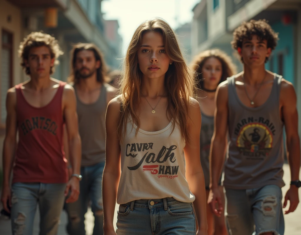 A movie-like photo of a age girl in skater fashion and her male and female friends. Everyone is wearing a tank top.