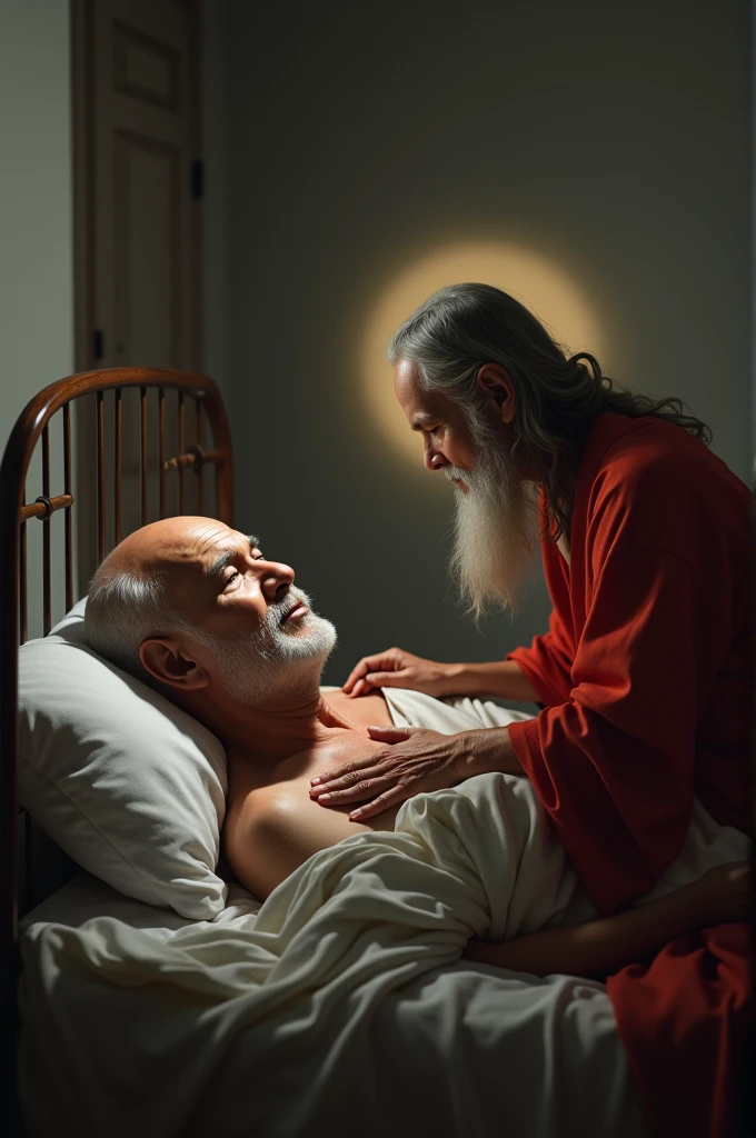 Super realistic images in high resolution. An Indonesian man, 60 years old, totally bald no hair, clear face, slim body, wearing casual, laying on a bed in peace dying. Lord Jesus Christ in classic red as well known by christian, appears him with softly touch. Location: house room.