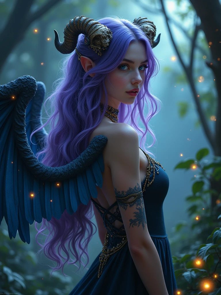 A pretty girl with wings, detailed face, detailed hair, in a forest wearing a skull with horns as her headband, purple long hair, blue eyes, with some small light flies flying around her, fantasy, night version, sparkling riches, highest quality, facing backwards