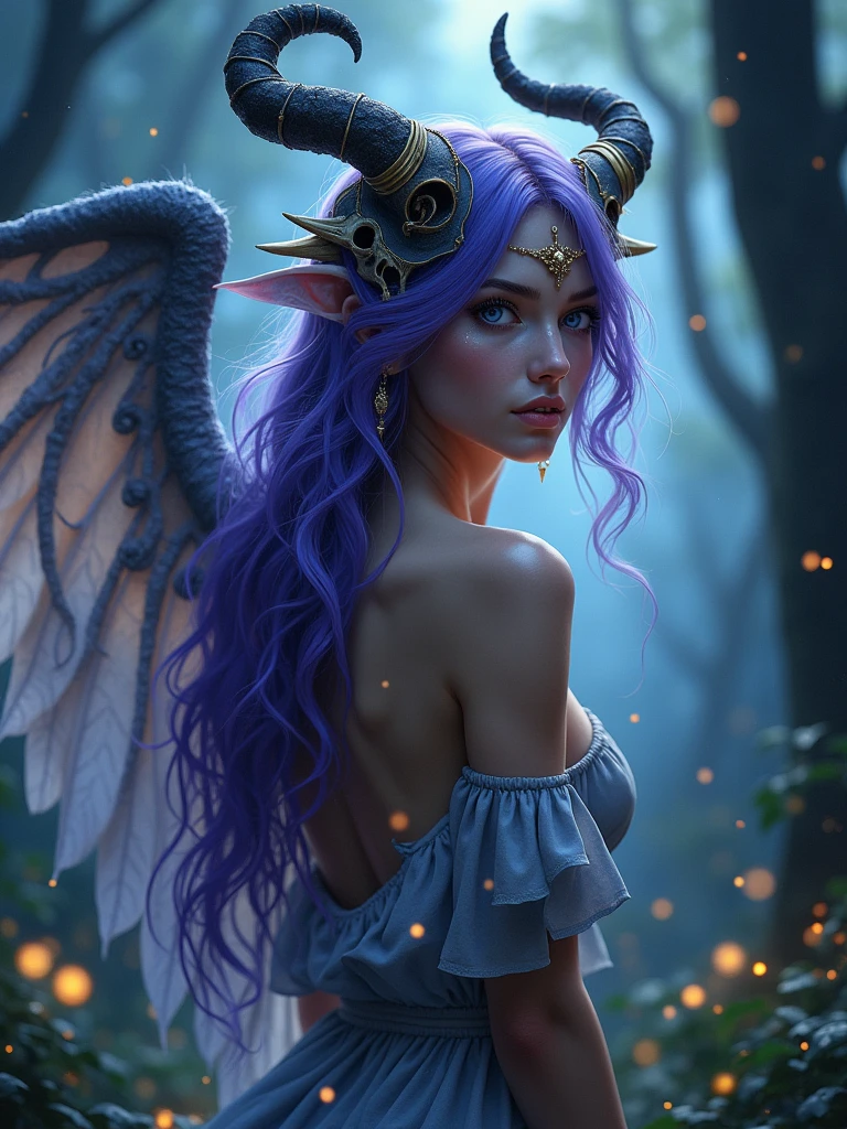A pretty girl with wings, detailed face, detailed hair, in a forest wearing a skull with horns as her headband, purple long hair, blue eyes, with some small light flies flying around her, fantasy, night version, sparkling riches, highest quality, facing backwards