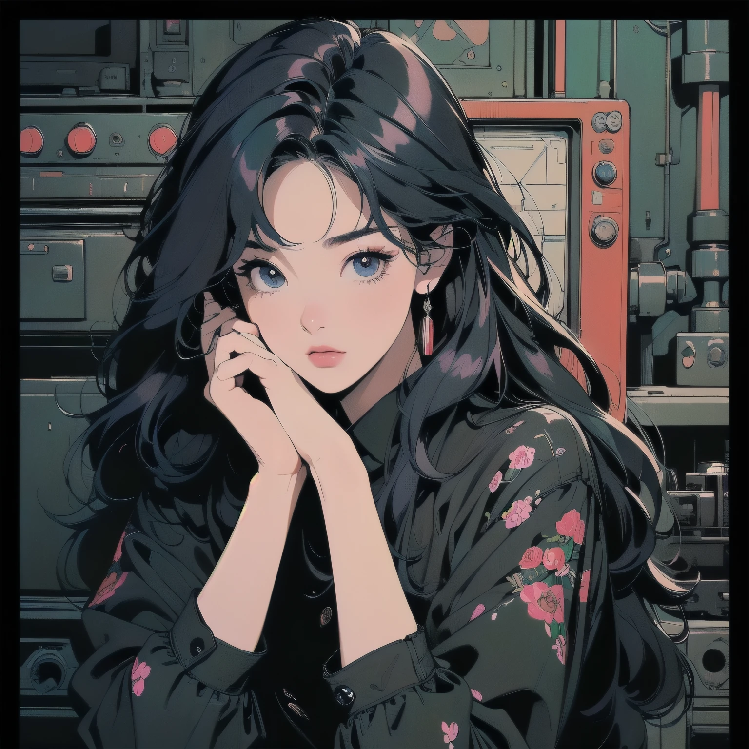 (((masterpiece, Highest quality)))、(((32K Wallpapers)))、The most detailed black machine、((Outdated black machinery and a woman)))、The most detailed background、(((small Chest)))、(((Surrounded by many complex, sophisticated, Outdated black machinery)))、Upper Body、 (one person:1.2), ((Overall colorfully))、A perfect Outdated black machinery、(((Perfect Face)))、(((The most complete Outdated black machinery)))、Detailed Hair、 (((Lots of cables)))Close-up、(((own hands together)))、(((A complex and huge engine)))、(((Very dark room)))、(((Colorful hair colors)))