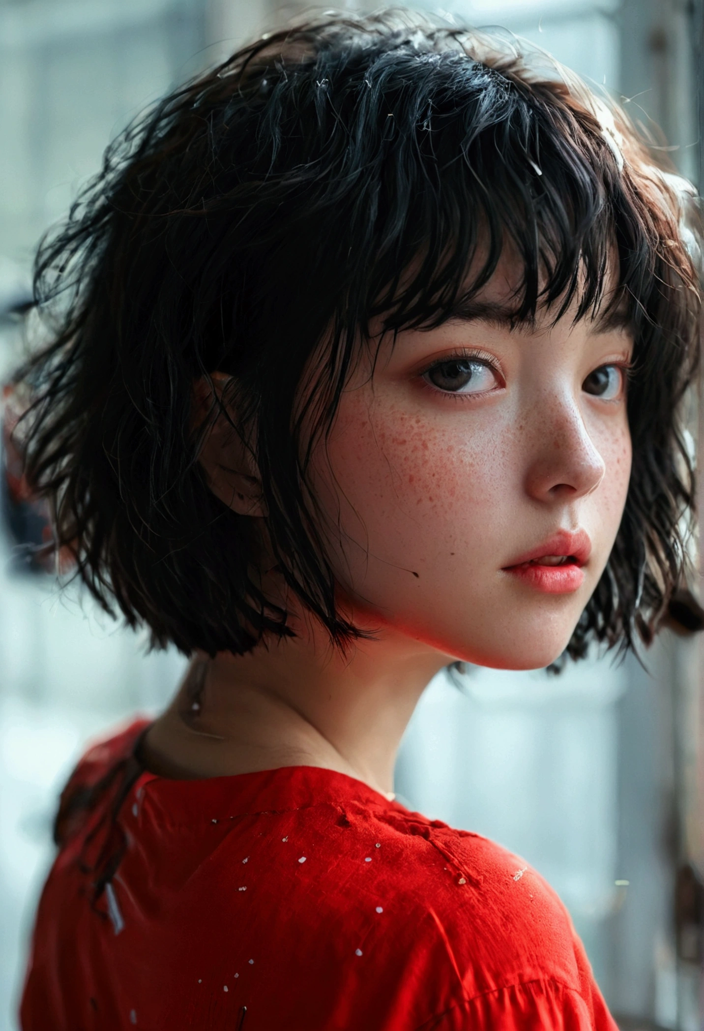 Wearing a red shirt、A girl with short, messy bob hair、Black Hair、Freckles、