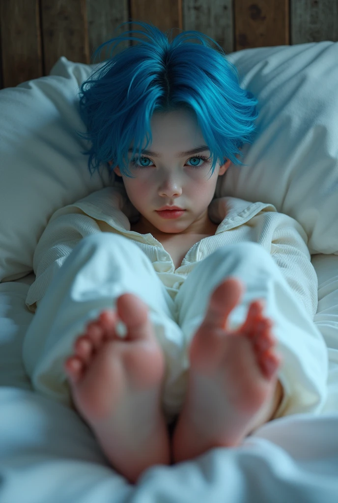 Cute emo boy, very white skin, blue hair, lying in bed, barefoot, showing the soles of her feet, perfect feet, correct toes, aesthetic feet, provocative look, wearing light pajamas
