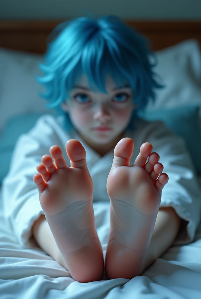 Cute emo boy, very white skin, blue hair, lying in bed, barefoot, showing the soles of her feet, perfect feet, correct toes, aesthetic feet, provocative look, wearing light pajamas