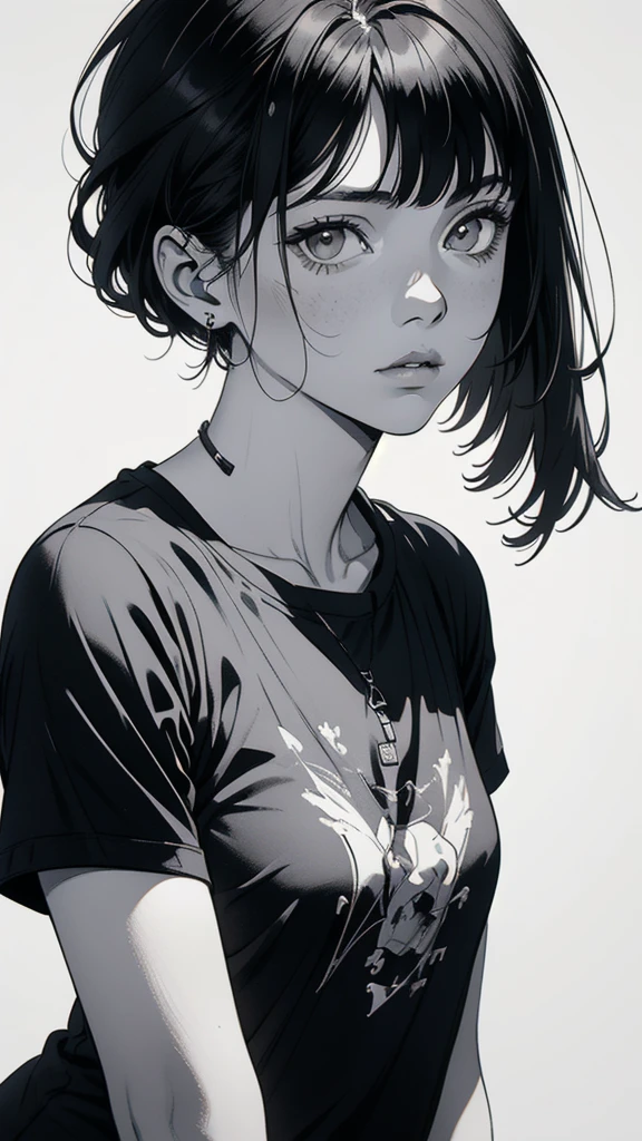 1 boyish girl, solo, sharp eyes, monochrome, greyscale, short black hair, portrait, white T-shirt, closed mouth, looking at viewer, graphite \(medium\), detailed lips, hatching \(texture\), without makeup, bangs, upper body, (best illustration), (best quality), (very detailed), (masterpiece), expressionless,