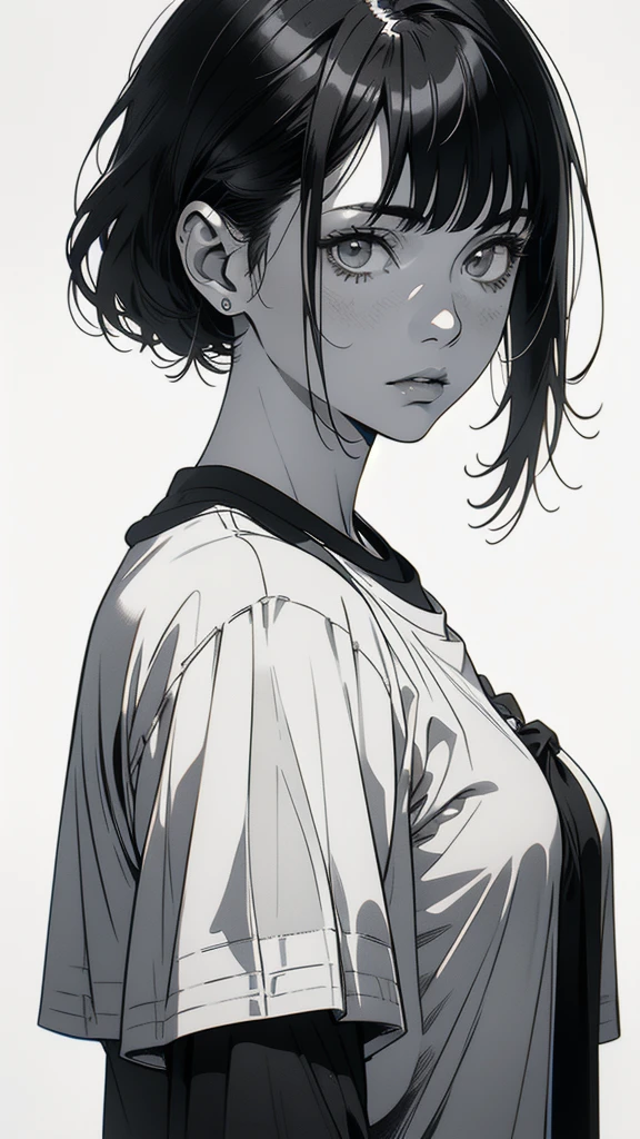1 boyish girl, solo, sharp eyes, monochrome, greyscale, short black hair, portrait, white T-shirt, closed mouth, looking at viewer, graphite \(medium\), detailed lips, hatching \(texture\), without makeup, bangs, upper body, (best illustration), (best quality), (very detailed), (masterpiece), expressionless,