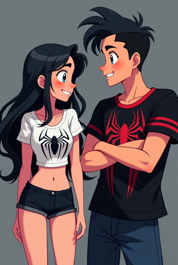The image you shared shows two animated characters in a cartoon style., both with a youthful appearance and a drawing style characteristic of animated series.
The character on the left is a girl with long black hair, dressed in a white spiderman white t-shirt, revealing part of his abdomen. besides, He is wearing black shorts. His expression is playful or confident, as she appears to be smiling slightly and looking at the male character.
The character on the right is a boy with dark hair and a low fade haircut.. He wears a black Spiderman t-shirt with red details on the collar and sleeves.. He is smiling and has his arms crossed, suggesting a relaxed and perhaps slightly defiant attitude as he looks at the girl.
The background of the image is simple, with grey and black tones, which makes the characters stand out more.