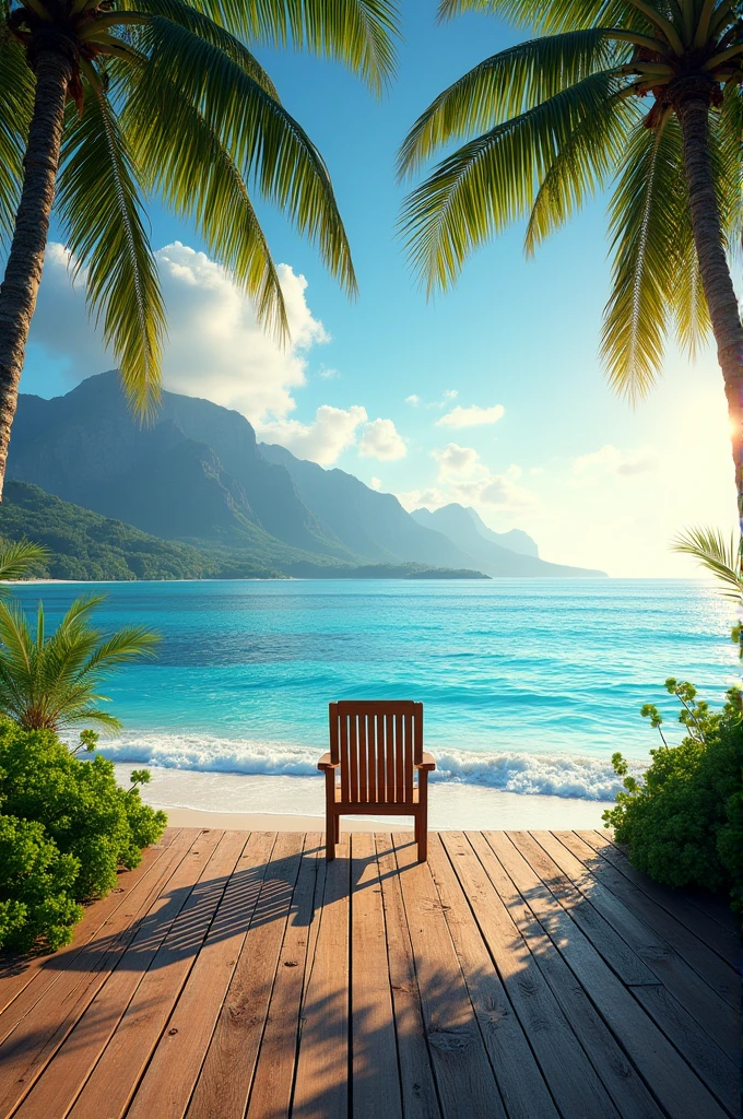 a photo of a beautiful beach scene. The photo shows a wooden deck overlooking the ocean with a wooden chair on it. The deck is surrounded by lush greenery and palm trees. In the background, there is a stunning view of the ocean and a mountain range. The sky is blue with white clouds and the sun is shining brightly. The overall mood of the image is peaceful and serene.