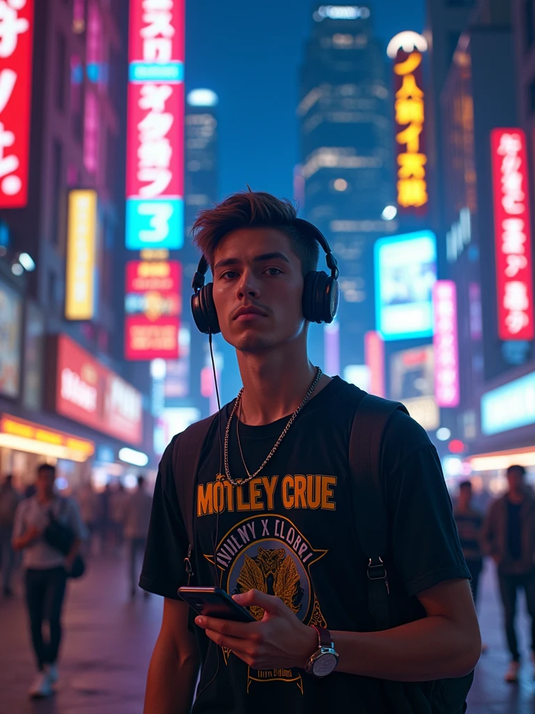 A cinematic medium shot of a Generation Z dude walking down a neon-lit city street. He is wearing a T-shirt with the text "Mötley Crüe" on it, cordless Bluetooth headphones, and carries a sophisticated smartphone. The background is a vibrant cityscape with tall buildings and neon signs. The image has a realistic oil on canvas painting style and is trending on arstation.