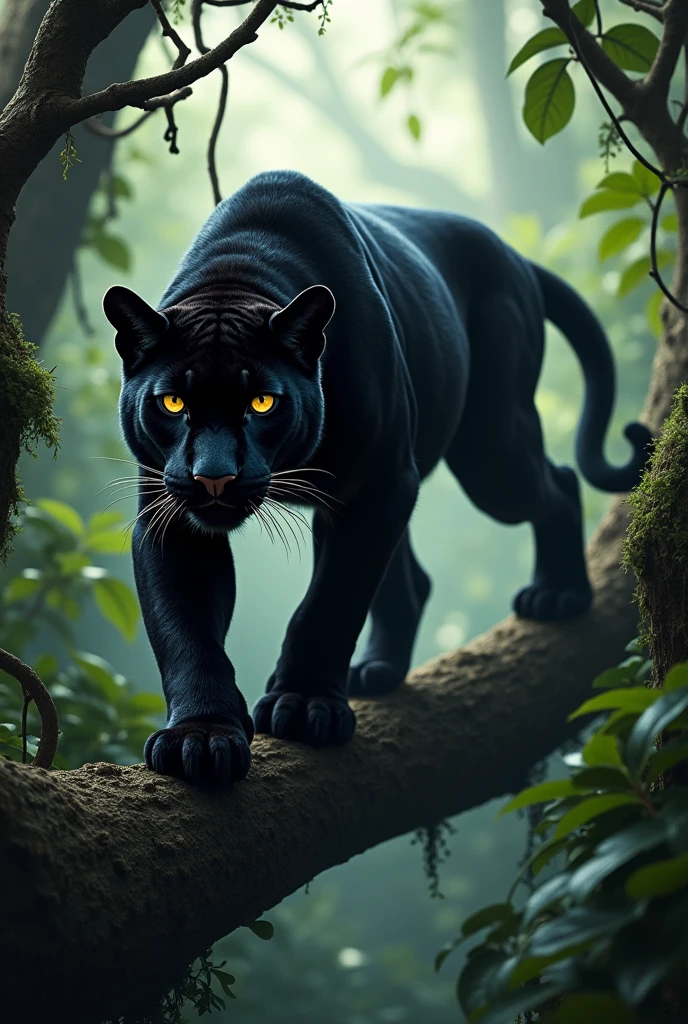 Black puma in jungle, walking on branch in trees, dramatic scene