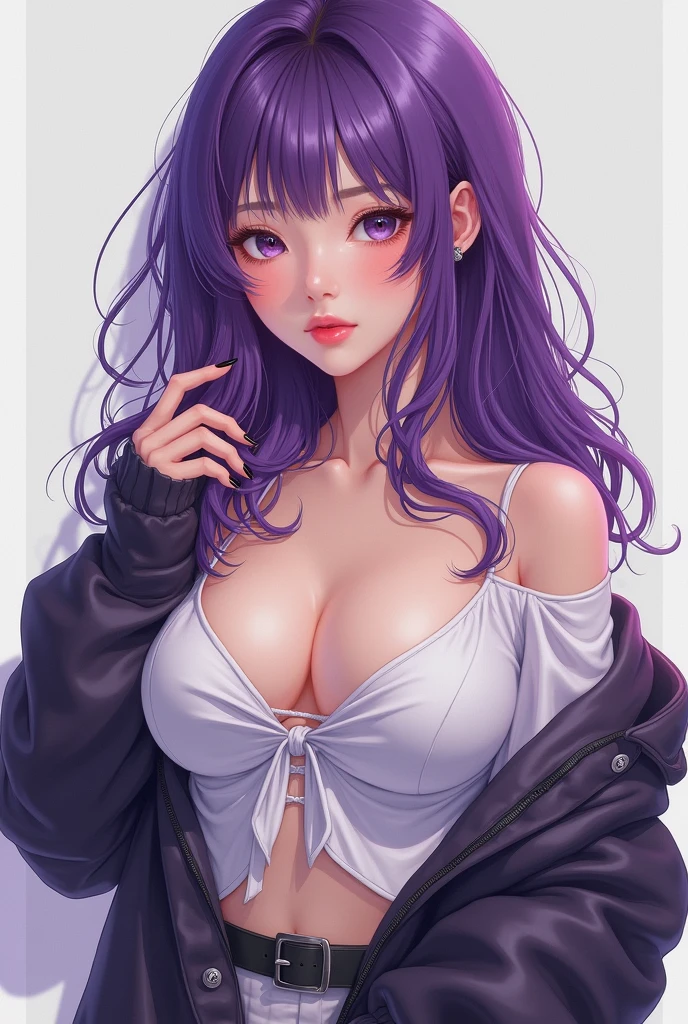 Masterpiece, Realistic Manhwa Art, A Korean girl, One Girl, Looking like an idol , Blushing Hard, Pouting cutely, Looking like she's trying to get someone attention, Eighteen plus years old girl, gyaru type, hot and attractive, big oppai, tall and curvy, hair dye purple