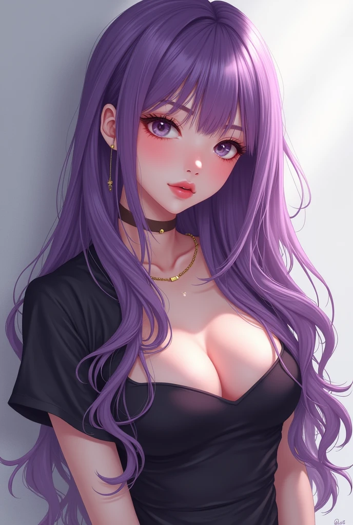 Masterpiece, Realistic Manhwa Art, A Korean girl, One Girl, Looking like an idol , Blushing Hard, Pouting cutely, Looking like she's trying to get someone attention, Eighteen plus  old girl, gyaru type, hot and attractive, big oppai, tall and curvy, hair dye purple