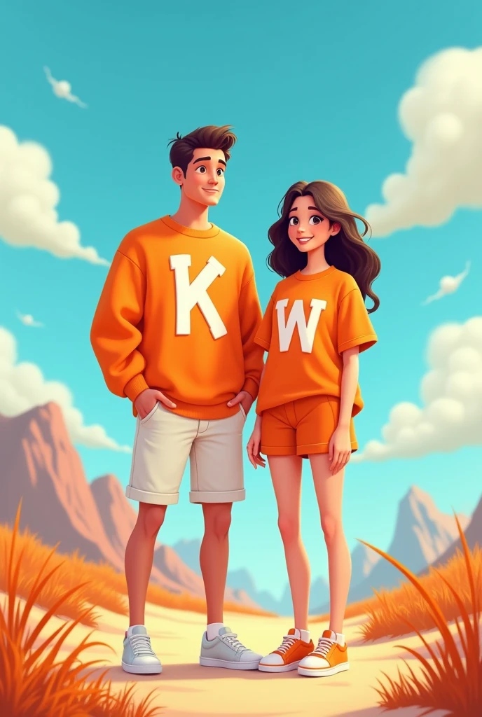 A man wearing an orange sweater with the letter K and white sneakers. A woman wearing an orange T-shirt with the letter W and sneakers. It's a cool and beautiful 4K cartoon image.