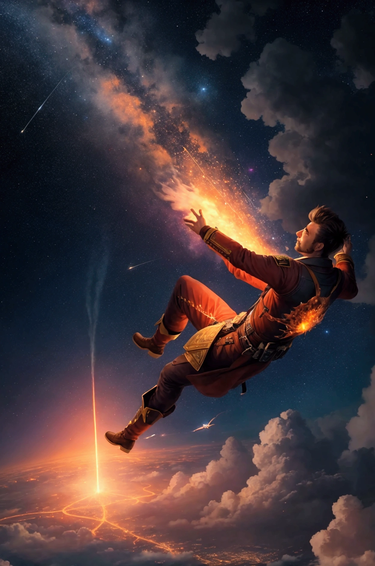 A big city, a man flying leaving a trail of fire with the sky full of stars