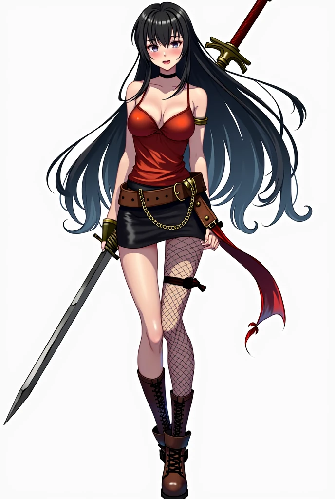 semi-style illustration, a female character with long, flowing black hair, no bangs, pale skin and steely black eyes, exuding a calm, dynamic pose, one leg bent while holding a long sword across her body, wearing a rather thin red sleeveless top, a very short black leather skirt, fishnet stockings and high-top brown boots. The overall style is consistent with anime and manga aesthetics, characterized by detailed hair and expressive eyes.