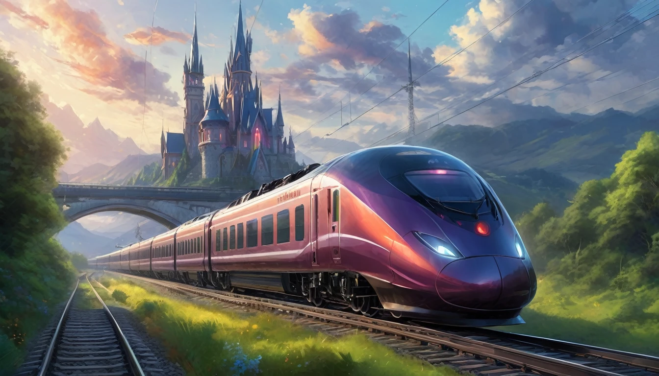A sleak modern train going down the tracks, beautiful fantasy, inspired by Igor Zenin, julie dillon, fantasy - n 9, ue5, by Kaii Higashiyama, high speed trains, nightcore, artist rendition, photo of a painting, tall spires, extended art, cgsociety, uiltra realistic, 8k, vibrant colors