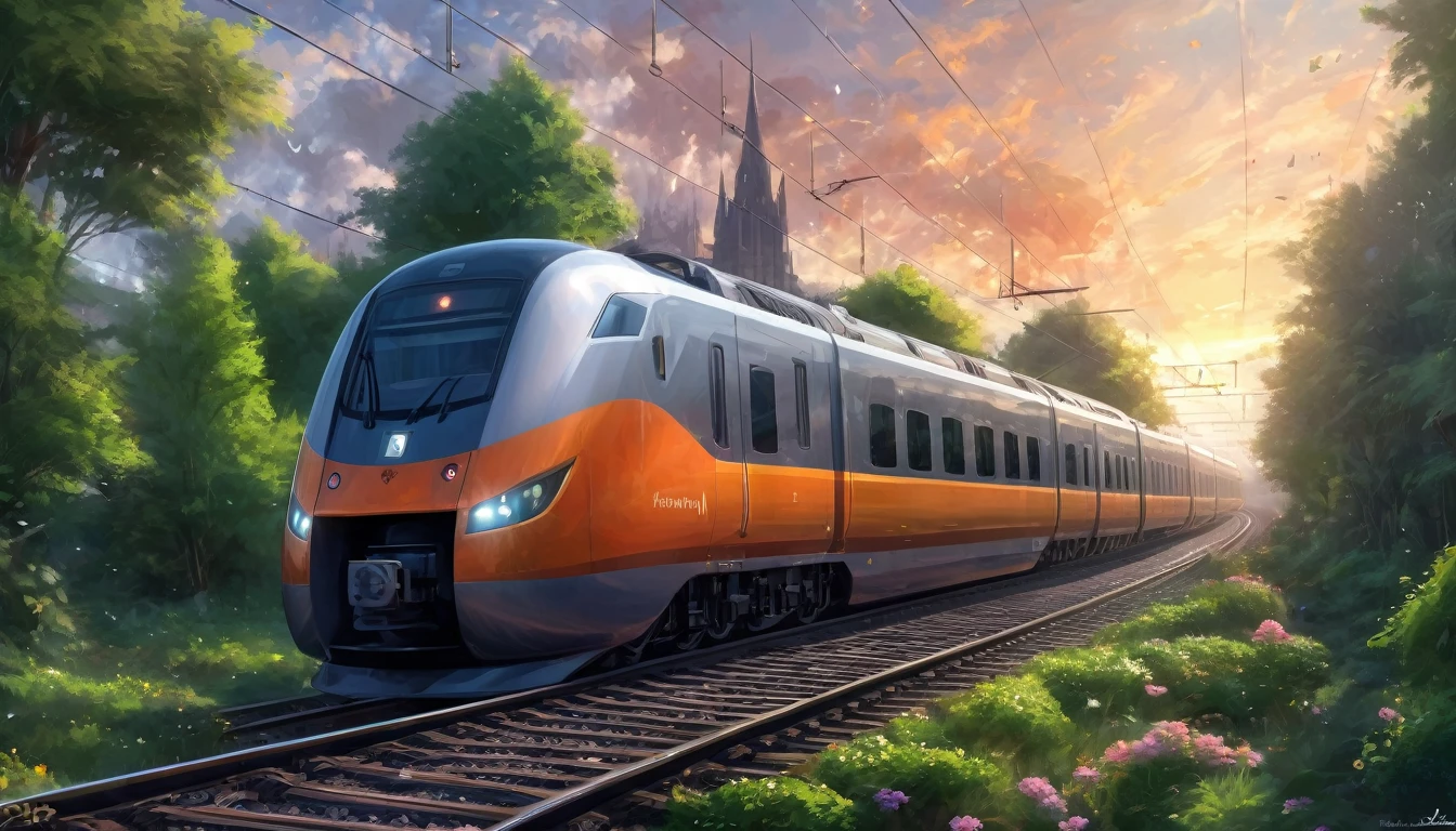 A sleak modern train going down the tracks, beautiful fantasy, inspired by Igor Zenin, julie dillon, fantasy - n 9, ue5, by Kaii Higashiyama, high speed trains, nightcore, artist rendition, photo of a painting, tall spires, extended art, cgsociety, uiltra realistic, 8k, vibrant colors