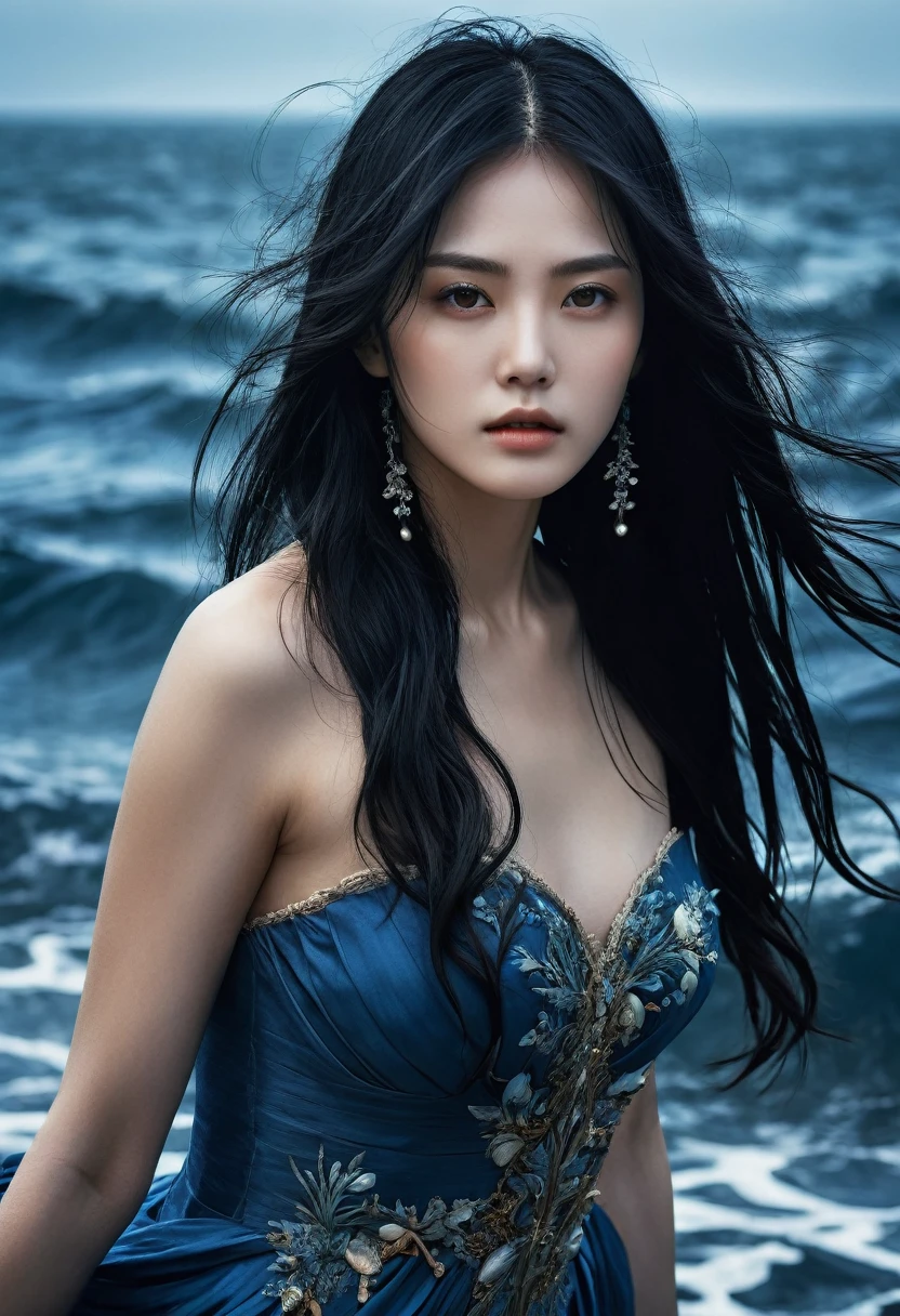 (1 character), genius extremely beautiful idol lady Keiko, (long blue and black hair), brown eyes, beautiful face), 1 genius extremely beautiful idol girl Keiko, long sideburns, plants, long blue dress, dark ocean, water, blue Ball, sea shells, windy, photorealistic, high contrast, 8k HD, detailed, hyper-detailed, realistic skin texture, best quality, ultra high res, raw photo, dramatic lighting, unreal engine, intricate details High Quality, 8k, Realistic, Ultra-Detailed, Dramatic Lighting, Soft Focus, Digital Illustration, Intense Expression, Strong Gaze, Intense Emotion, Complex Mechanics, Advanced Technology, Dark Background, Cinematic, High Contrast, Moody, Strict, Atmosphere, (Best Quality, 4k, 8k, High Definition, Masterpiece: 1. 2 ), ultra-detailed, (realistic, graphic, photorealistic:1.37) --no glass