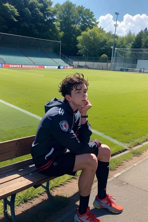 Moment de doute** : Léo assis seul sur un banc de parc, regardant le terrain de football avec un visage triste et pensif, illustrant les moments difficiles qu'il a traversés.