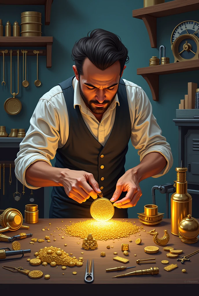 
One man working hand-made gold jewellery with his tools vector illustration image 