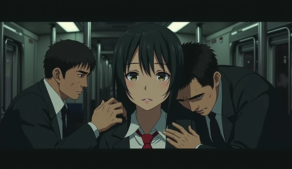 (32K:1.9, Horror depictions:1.9, Highest quality, masterpiece, Ultra-high resolution, Professional random angle camera work:1.5, Very detailedな肌と顔の質感:1.4), Always accurate, Very detailed, Student bag, (Cute Japan schoolgirl:1.3, A high school girl's blazer uniform with a red tie:1.5, Incredibly slim body:1.4, areola is not visible:1.4, Big breasts on the verge of collapse), ((Crowded train:2.0, Crazy behavior:1.9, in the train、Two middle-aged men hugging a woman from behind:1.8)), belt, Fair skin, elegant, sense of cleanliness, Thin eyebrows, (Scared expression:1.0, Confused expression:1.0, A look that shows deep contempt for you:1.0), (Big eyes that exude beautiful eroticism:0.4, Open your mouth a little, lipstick, Feel the beautiful eroticism:1.0, Dark brown ponytail), romantic, mysterious, Object of admiration, original, dramatic, artistic, Innovative, charm, Heartful, Fancy, Tilt, sense of loss, special, ((exciting, Extreme, sense of openness, suffering, sufferingの表現)), ((Mistakes of Youth, 女性的なcharm))