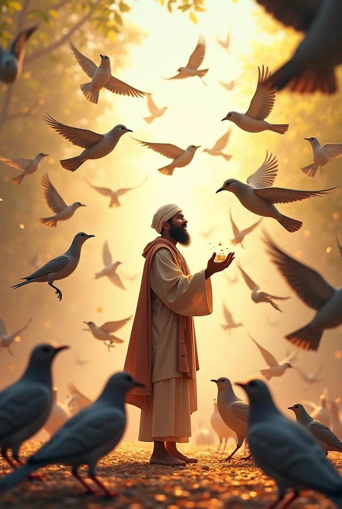 Hasan starts bringing more food each day, and more birds gather around him. This scene will show many birds flocking around Hasan.