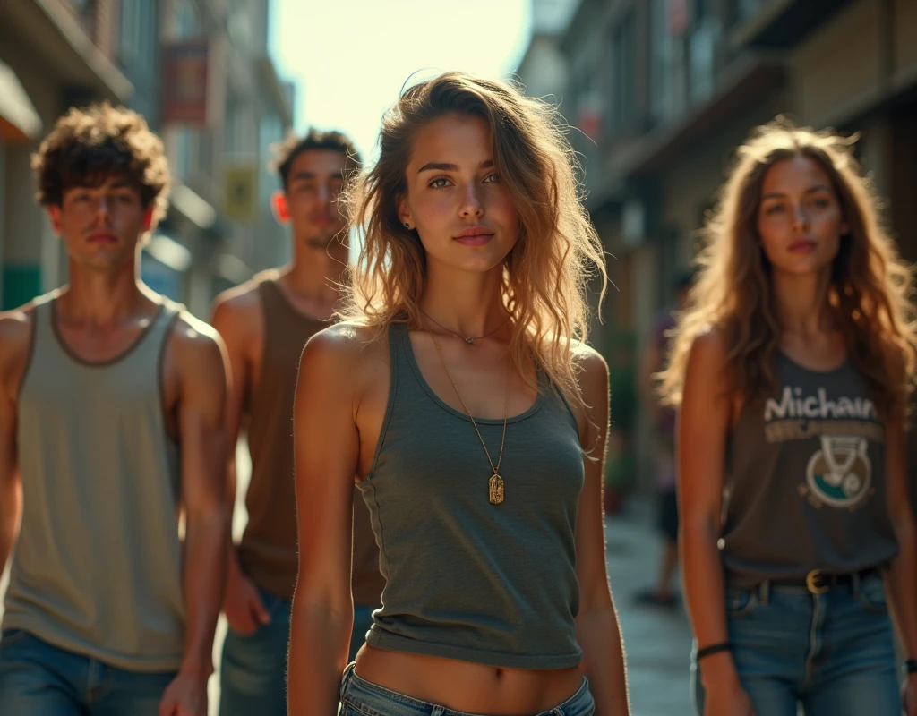 A movie-like photo of a girl in skater fashion and her male and female friends. Everyone is wearing a tank top.