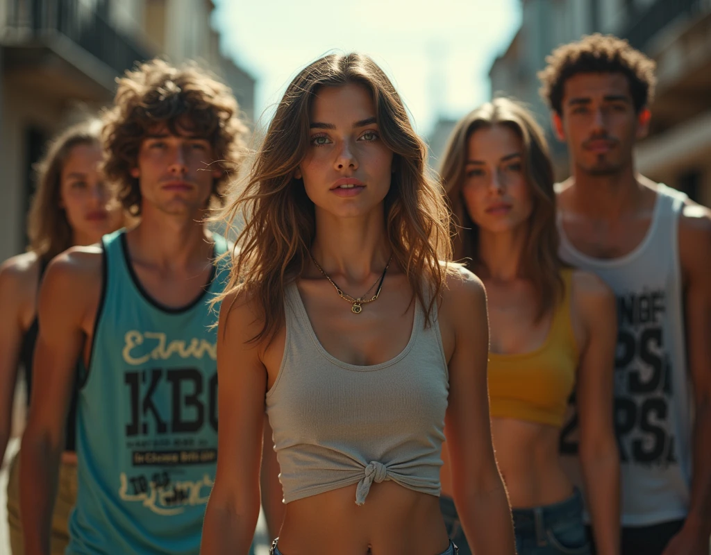 A movie-like photo of a teenage girl in skater fashion and her male and female friends. Everyone is wearing a tank top.