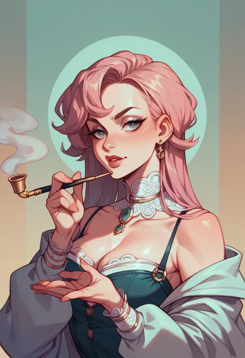 Opium-addicted beauty。Holding a pipe、Exhaling smoke