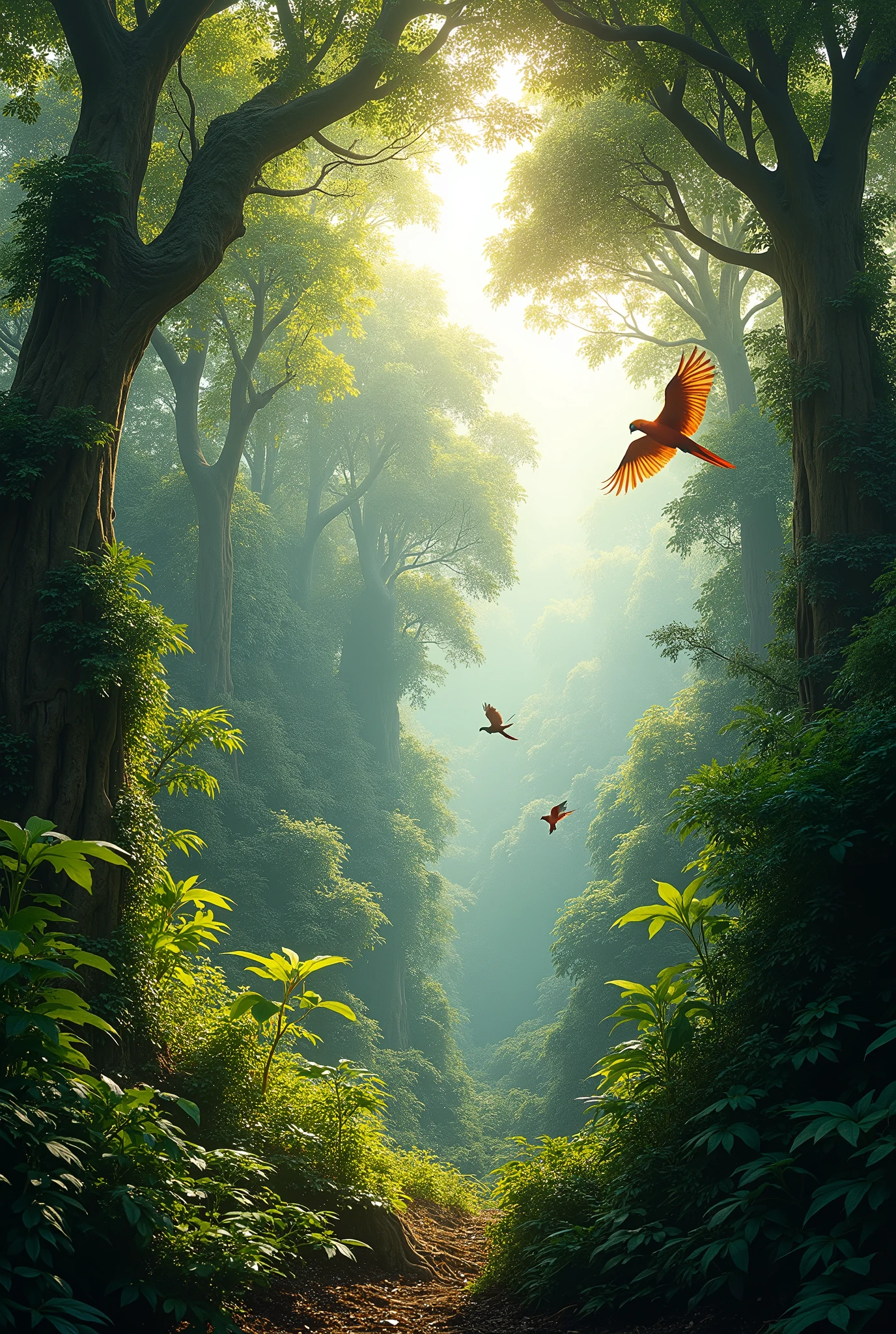 Wild jungle, realistic photo, epic scenery, flying parrots in distance 