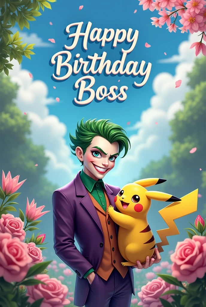 In realistic handsome boy joker and cute pikachu stand in pink flower garden and on sky written happy birthday boss