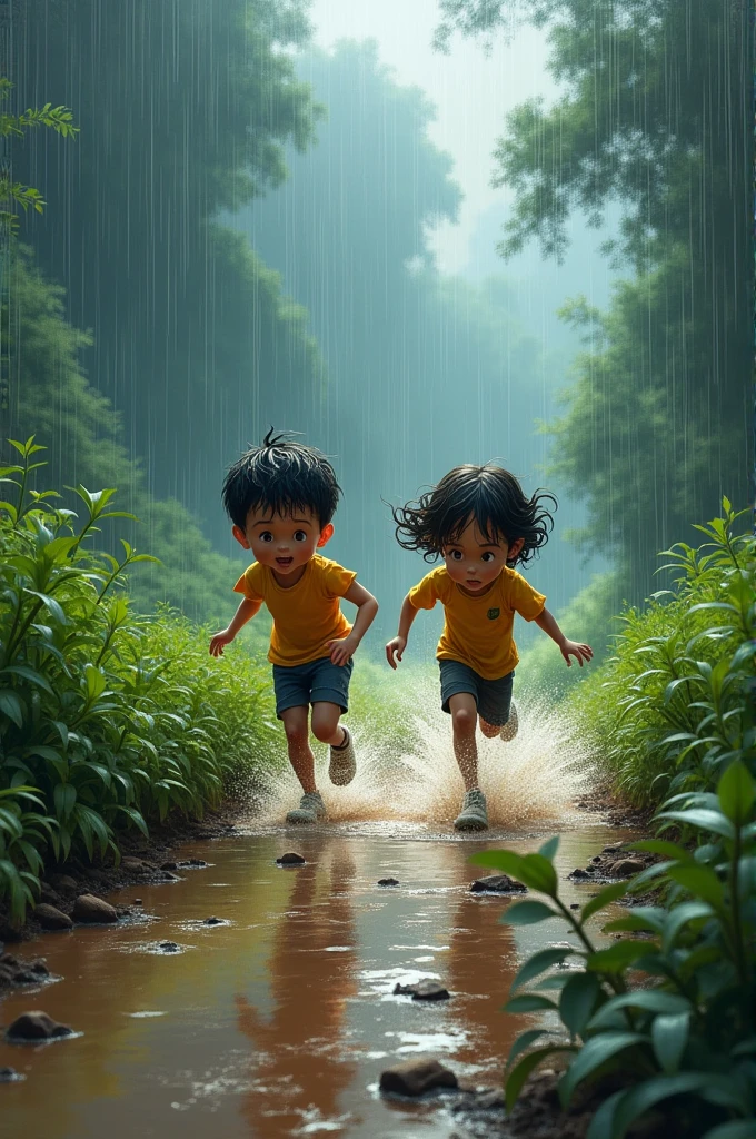 A path of muddy and two children are running in.It is raining with heavy