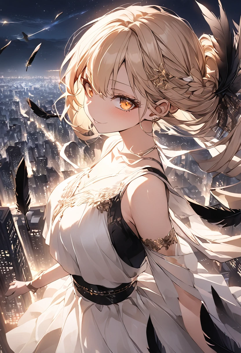 The image depicts a female angel floating above a city at night.。. The city lights shine golden、Create a dramatic atmosphere, Its delicate presence and black feathers contrast with the urban environment.。. Women seem protective and cautious., Glowing Skin, , rtrophto1,
