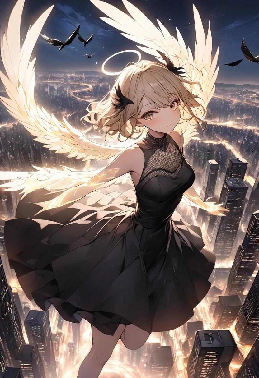 The image depicts a female angel floating above a city at night.。. The city lights shine golden、Create a dramatic atmosphere, Its delicate presence and black feathers contrast with the urban environment.。. Women seem protective and cautious., Glowing Skin, , rtrophto1,