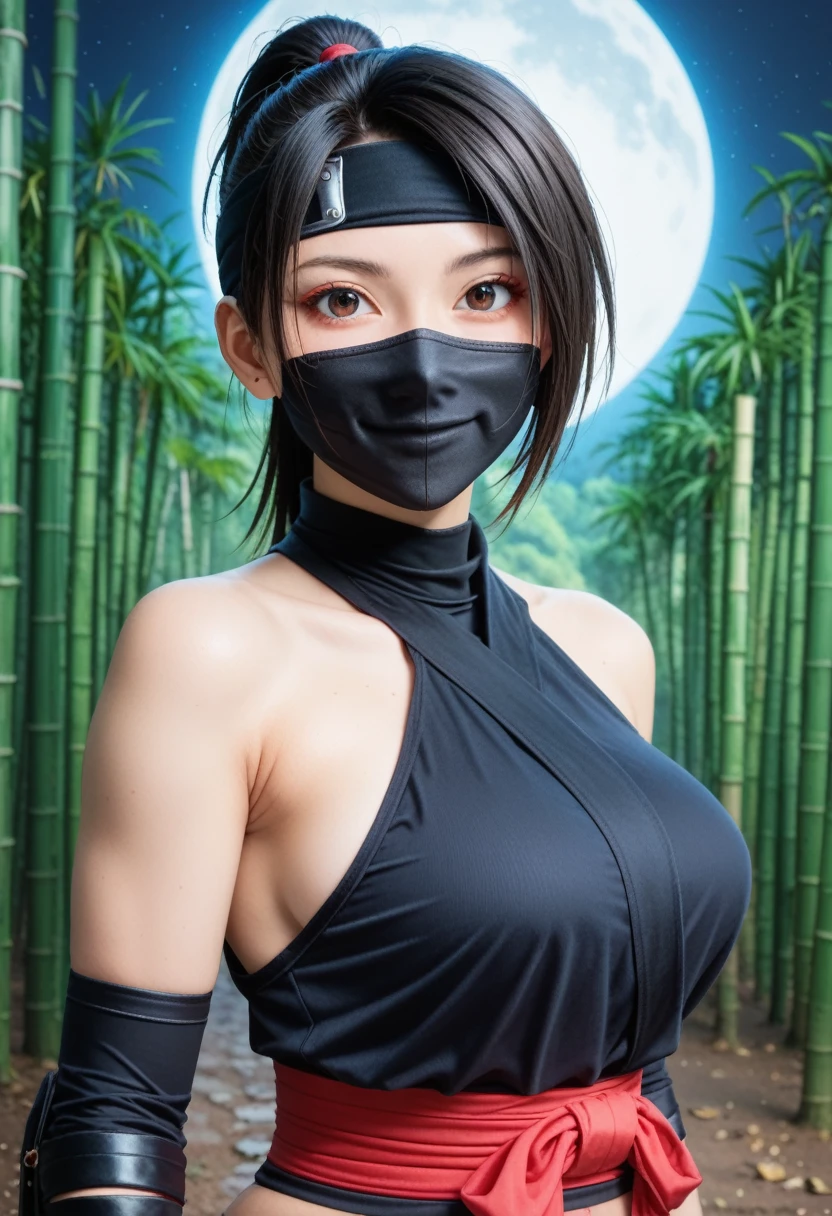 Fraction_9,Fraction_8_Direction_7_up,(Pastel),(High brightness color),Cute 20 year old Japanese girl,Solitary,(8K, masterpiece, Extremely detailed, best quality, Ultra-high resolution, up to date, very aesthetic, absurd, illustration, Perfect composition),(Hiring),Looking at the audience,Black Hair,Glowing skin,White skin,(upper body:1.5),Toothless smile,Emphasizes her voluptuous figure and ample breasts,(Ninja:1.5),(Ninja mask:1.3),A sexy female Ninja in a tight black Ninja outfit, Perfect fit，Highlight her exquisite curves, A sharp gaze while holding a shuriken, Background of full moon and bamboo forest