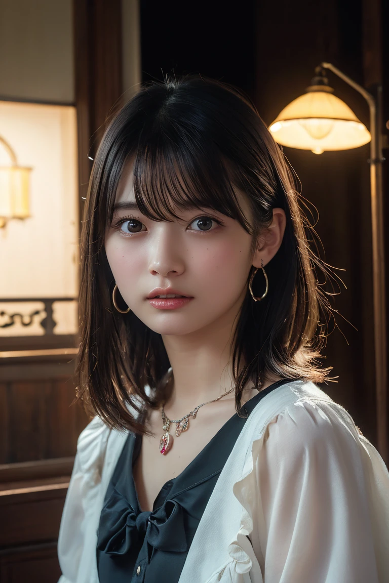 (Highest quality:1.4),(masterpiece:1.4),(Realistic:1.4),(Realistic:1.2),(超High resolution, RAW Photos:1.4),(High resolution, Ultra-detailed:1.2),(8k:1.2),View your viewers,Cinematic photography,One person,skeletally correct,Black-haired woman,Woman in her early 20s,(Small earrings,necklace,Dot pattern dress),(Western-style building interior,Dimly lit room,The lamplight shines on my cheeks)