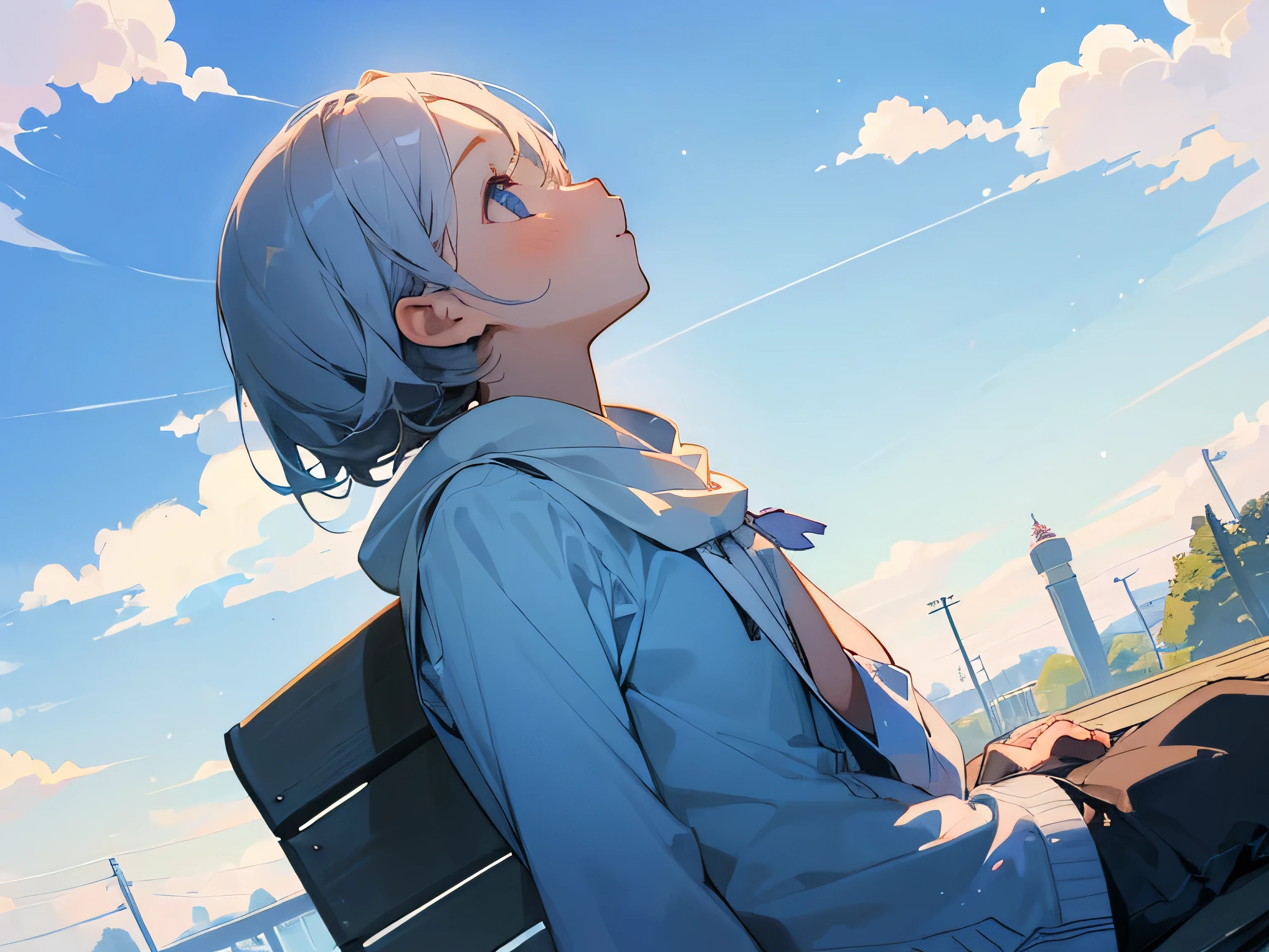 (((Sitting on a bench looking up at the sky、Girl looking up at the sky、Look at the sky)))、one person's、Extremely delicate facial and skin texture、White Summer Knitwear、Black long skirt、Everyday Scenes、Pleasant sunshine、In perfect harmony with nature、relaxation、(((Parks by the river、blue sky、White cloud、Summer day)))、Young people、、Summer vacation、Highest quality、masterpiece