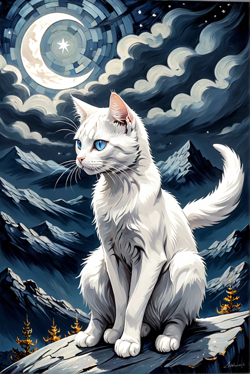 drawing white cat in a starry night sky, oil printing, Ansel Adams mix van gogh style, dramatic lighting, piercing eyes, stoic expression, crescent moon, dramatic clouds, mountains in the background, moody atmosphere