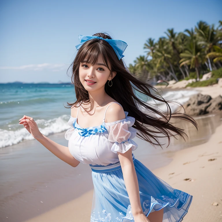 laughing out loud,on the beach,Wear a sweet dress,Blue and white dress,Puff sleeves,Princess puff sleeves,Short sleeve,One-piece hem A-line skirt,(There is a layer of transparent mesh outside the skirt), Fluffy and lightweight dress,(The dress is made of mesh), There are pink ribbon bows on both sides of the collarbone.,A-line skirt with large hem,1 female, On the face, light brown hair, blunt bangs, hair behind ears, Shoulder-length hair, long hair, Slender body type, 超face slimming型, face slimming, delicate lips, beautiful eyes, Thin blush, Eyes are light brown,View here, (actual:1.3), One person's perspective, 8k, Super detailed, high quality, best quality, High resolution,2,above knee shot,Breast protrusion,Full breasts
