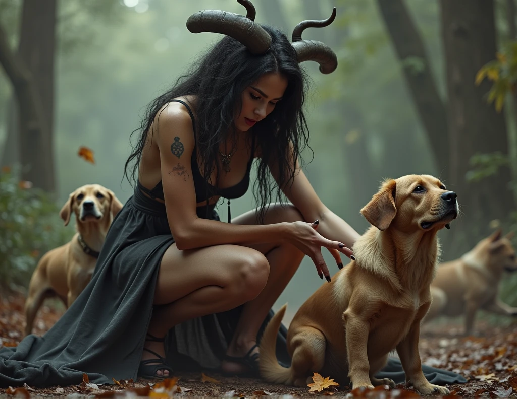 a female demon masturbating on top of dogs
