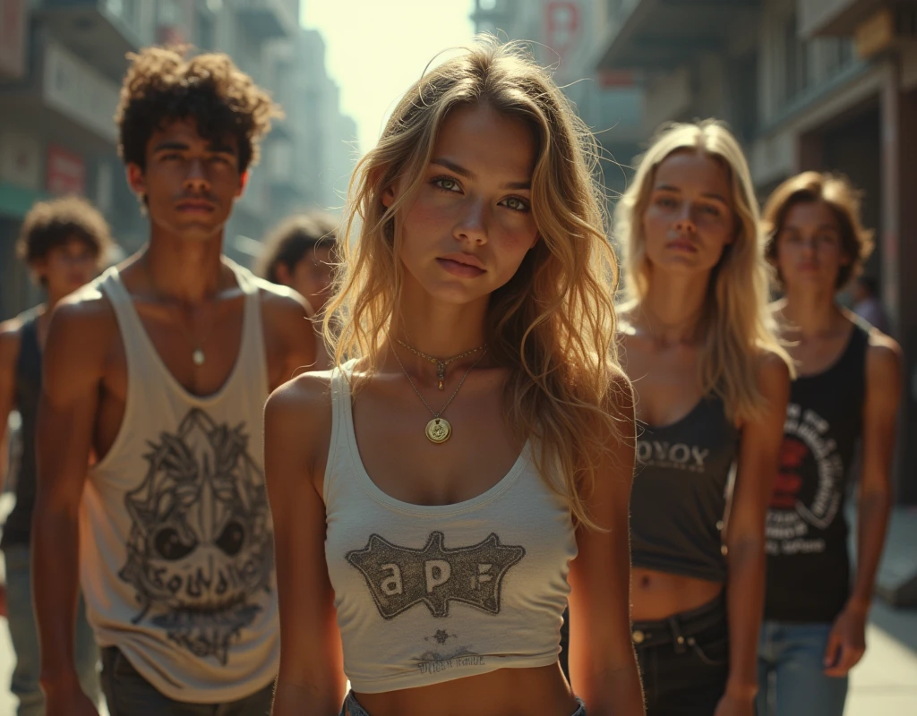 A movie-like photo of a teenage girl in skater fashion and her male and female friends. Everyone is wearing a tank top. 