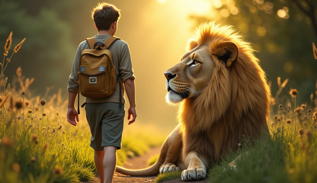 As he walked along a narrow path, Oliver suddenly felt as if he was being watched. He stopped and looked around, his eyes widening in awe as he spotted something extraordinary—a majestic lion, sitting calmly in the middle of the path. The lion's fur was golden, glowing softly in the morning light, and its eyes, though powerful, held a gentle curiosity.