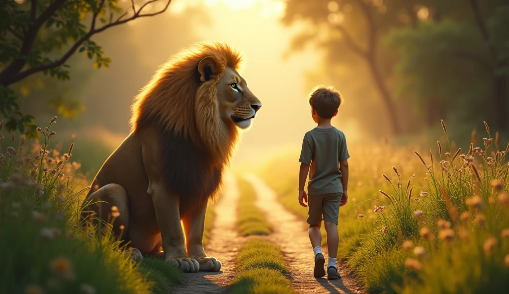 As he walked along a narrow path, Oliver suddenly felt as if he was being watched. He stopped and looked around, his eyes widening in awe as he spotted something extraordinary—a majestic lion, sitting calmly in the middle of the path. The lion's fur was golden, glowing softly in the morning light, and its eyes, though powerful, held a gentle curiosity.