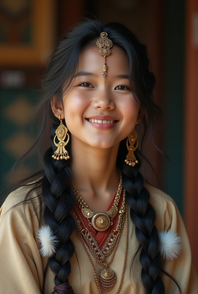 A girl, long braids, Indian girl, close-up, slightly raised head, smile, bust photo, upper body, appearance Yang transcendence, gorgeous Tibetan costume, cumbersome Tibetan necklace, cumbersome Tibetan headdress, fluff on clothes, white animal flull, real person CG, sweet style, film style, HD 4K