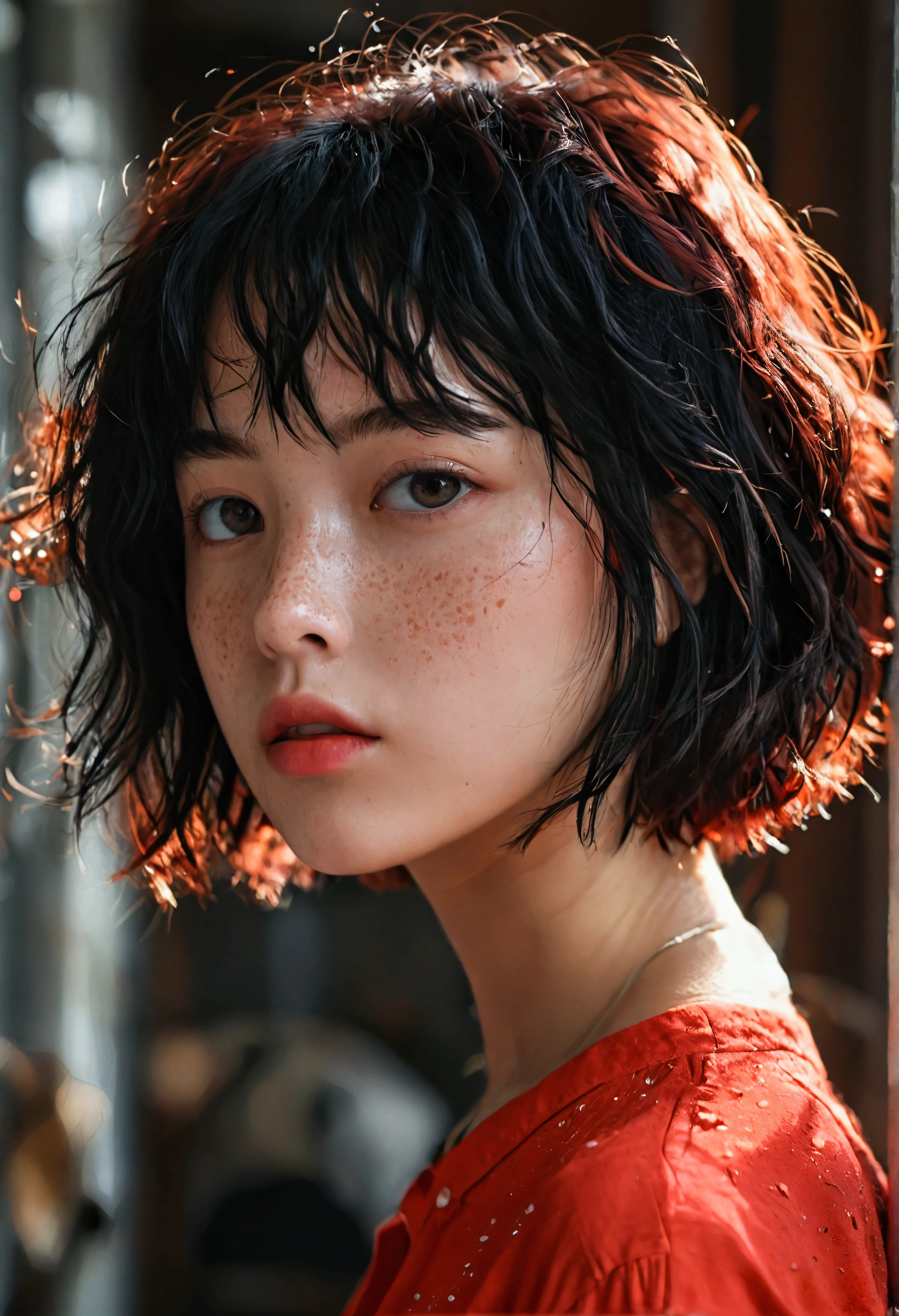 Wearing a red shirt、A girl with short, messy bob hair、Black Hair、Freckles、