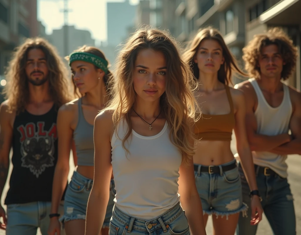 A movie-like photo of a teenage girl in skater fashion and her male and female friends. Everyone is wearing a tank top. 